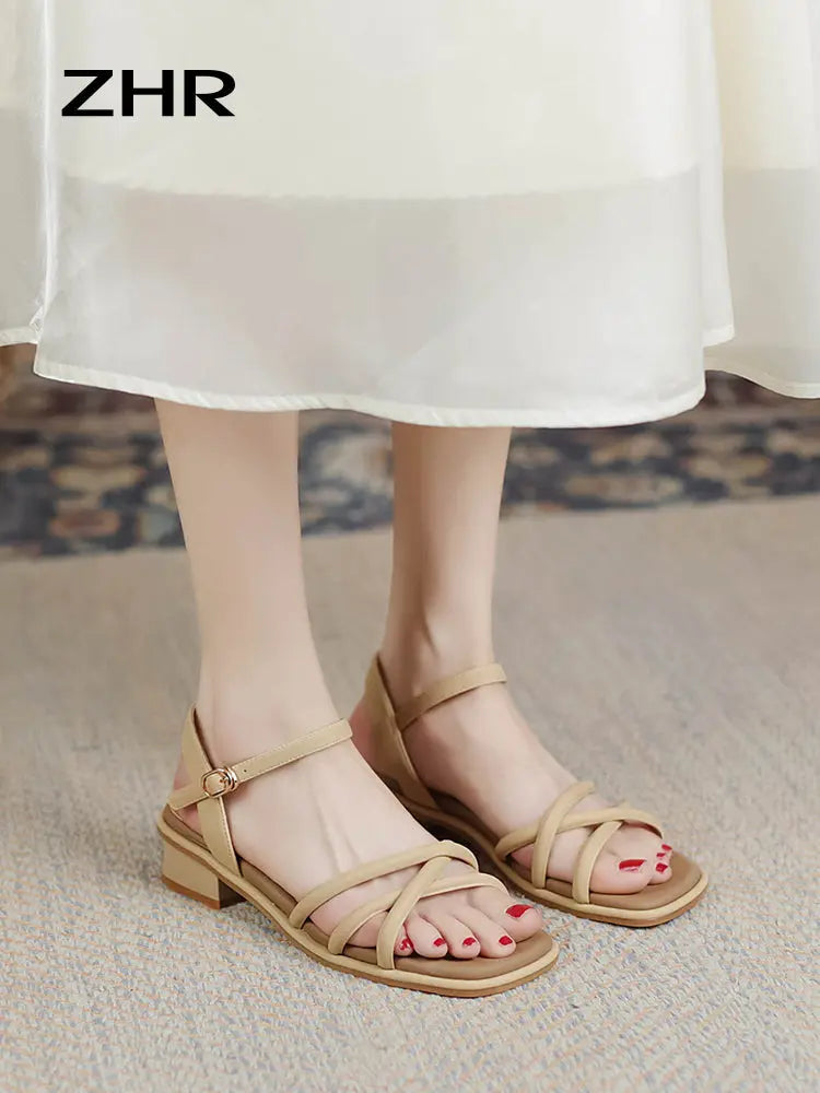 ZHR High Heel Sandals Women's Outwear 2024 Summer New Arrival Strap French Style Temperament with Skirt Chunky Heel Roman Shoes  Pre2brand