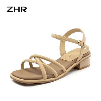ZHR High Heel Sandals Women's Outwear 2024 Summer New Arrival Strap French Style Temperament with Skirt Chunky Heel Roman Shoes  Pre2brand 37-Apricot-color