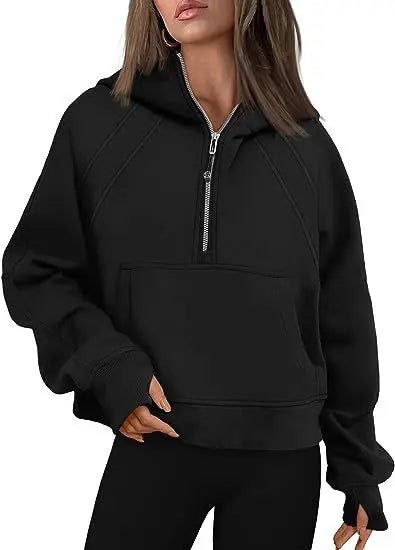 Zipper Hoodies Sweatshirts With Pocket Loose Sport Tops Long Sleeve Pullover Sweaters Winter Fall Outfits Women Clothing  Pre2brand Black-XL