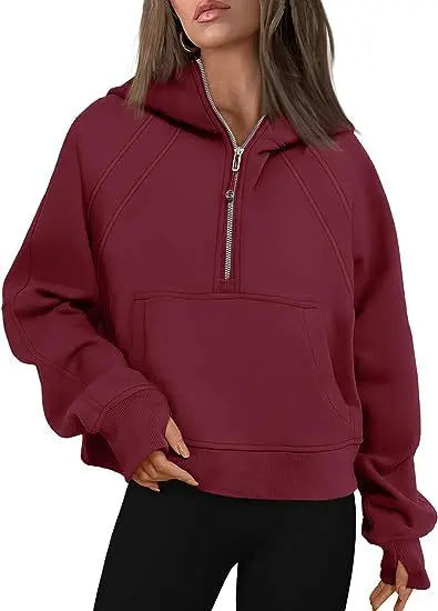 Zipper Hoodies Sweatshirts With Pocket Loose Sport Tops Long Sleeve Pullover Sweaters Winter Fall Outfits Women Clothing  Pre2brand Wine-Red-XL