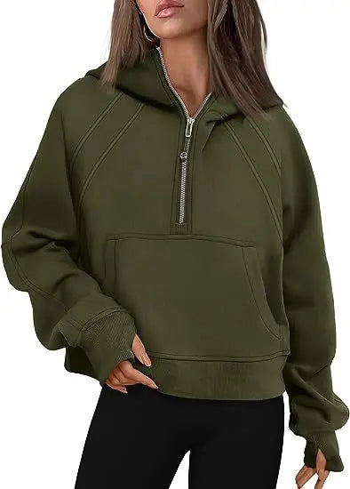 Zipper Hoodies Sweatshirts With Pocket Loose Sport Tops Long Sleeve Pullover Sweaters Winter Fall Outfits Women Clothing  Pre2brand Army-Green-XL