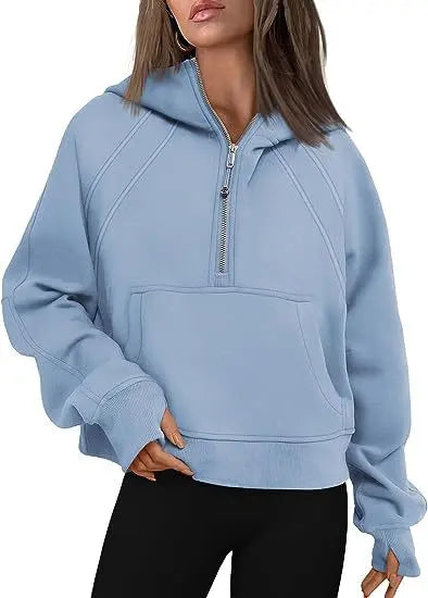 Zipper Hoodies Sweatshirts With Pocket Loose Sport Tops Long Sleeve Pullover Sweaters Winter Fall Outfits Women Clothing  Pre2brand Light-Blue-XL