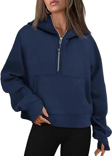 Zipper Hoodies Sweatshirts With Pocket Loose Sport Tops Long Sleeve Pullover Sweaters Winter Fall Outfits Women Clothing  Pre2brand Navy-Blue-XL
