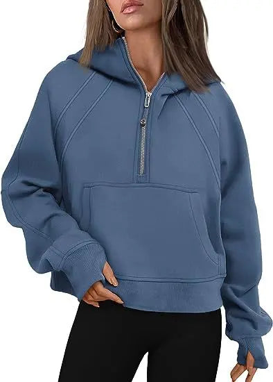Zipper Hoodies Sweatshirts With Pocket Loose Sport Tops Long Sleeve Pullover Sweaters Winter Fall Outfits Women Clothing  Pre2brand Ocean-Blue-XL