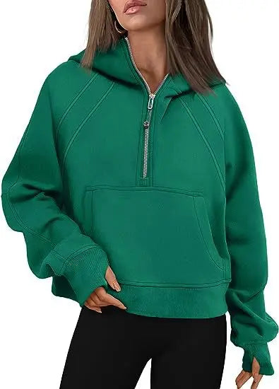Zipper Hoodies Sweatshirts With Pocket Loose Sport Tops Long Sleeve Pullover Sweaters Winter Fall Outfits Women Clothing  Pre2brand Dark-Green-XL