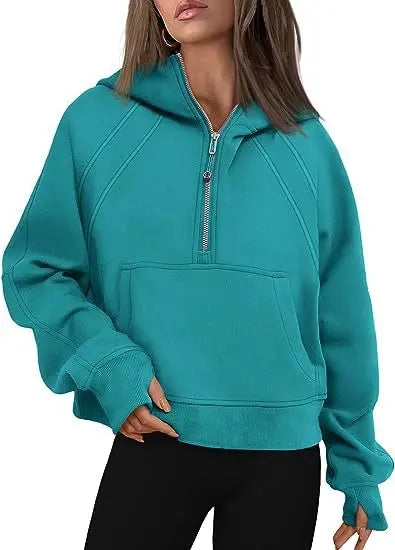 Zipper Hoodies Sweatshirts With Pocket Loose Sport Tops Long Sleeve Pullover Sweaters Winter Fall Outfits Women Clothing  Pre2brand Ocean-Green-XL