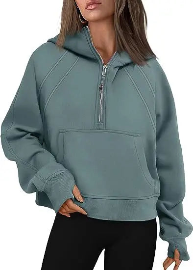 Zipper Hoodies Sweatshirts With Pocket Loose Sport Tops Long Sleeve Pullover Sweaters Winter Fall Outfits Women Clothing  Pre2brand Green-XL