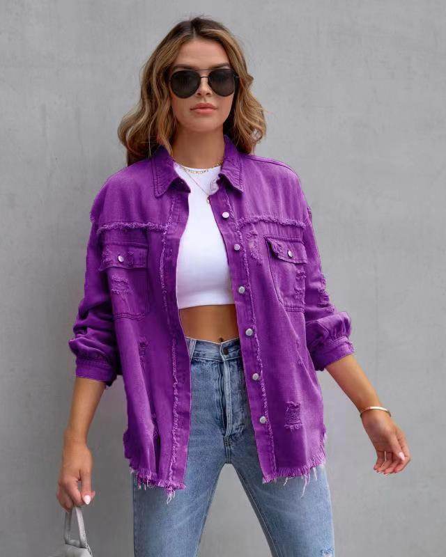 Fashion Ripped Shirt Jacket Female Autumn And Spring Casual Tops Womens Clothing - Pre2brand