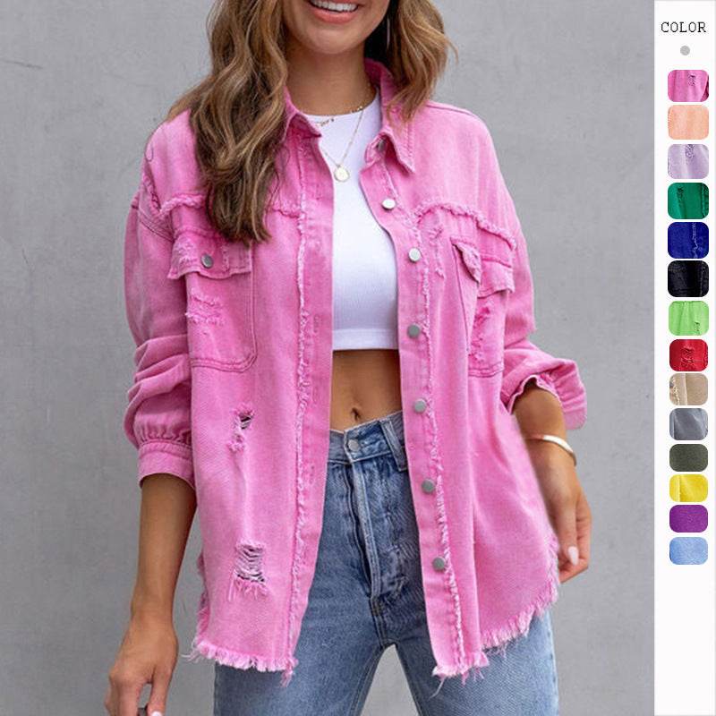 Fashion Ripped Shirt Jacket Female Autumn And Spring Casual Tops Womens Clothing - Pre2brand
