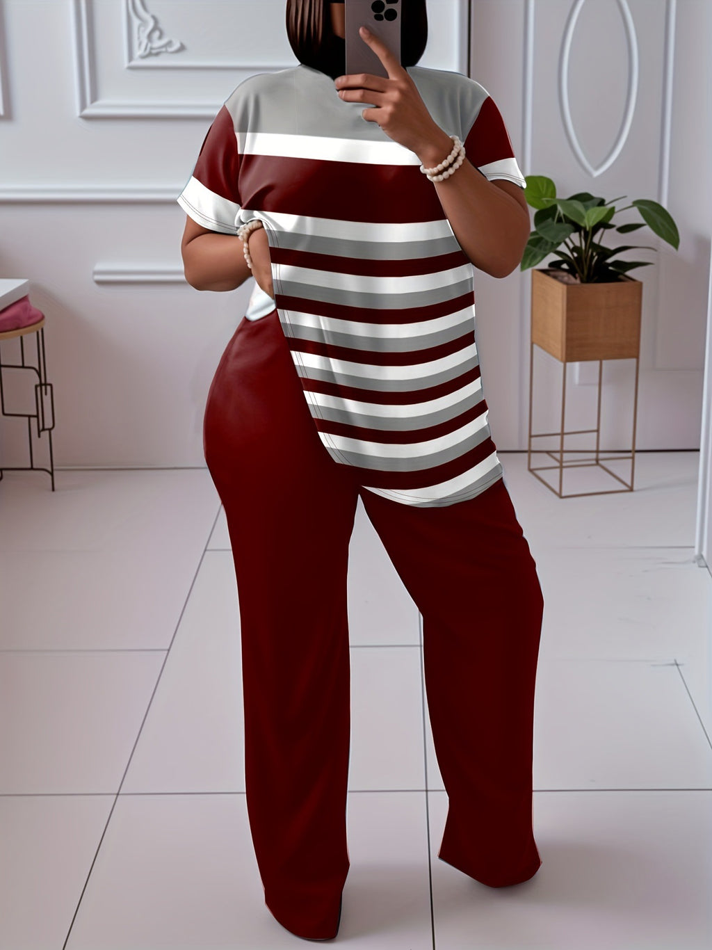 Contrast Color Striped Short Sleeve With Wine Red Wide Leg Pants Fashion Suit