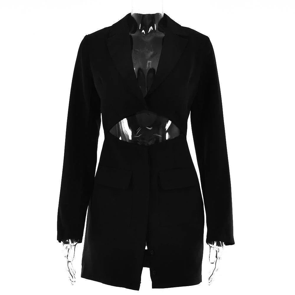 Blazer Dress Women Notched Collar Hollow Out Buttons Jacket - Pre2brand