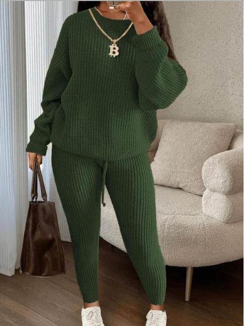 Winter Ribbed Knit Suits Fashion Loose Pullover Sweater Top And Drawstring Pants For Women Trouser Set Clothing - Pre2brand