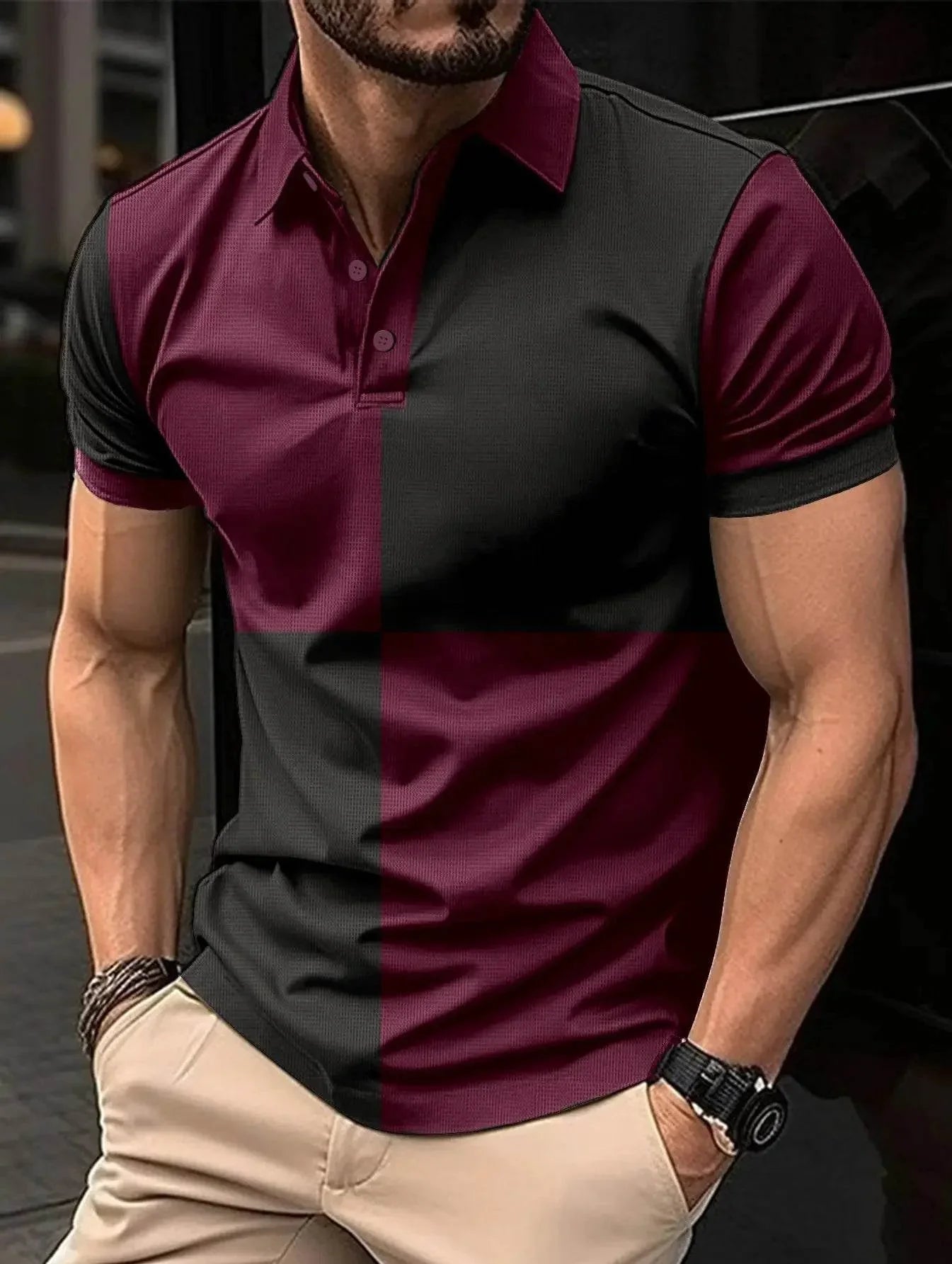 Casual Sports Short Sleeve Color Stitching Turnover Neck Polo Shirt Men Clothing - Pre2brand