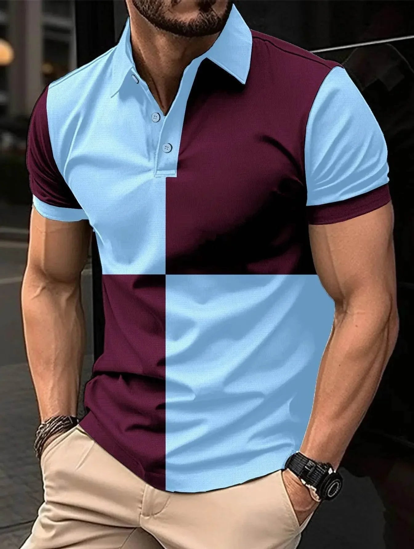 Casual Sports Short Sleeve Color Stitching Turnover Neck Polo Shirt Men Clothing - Pre2brand