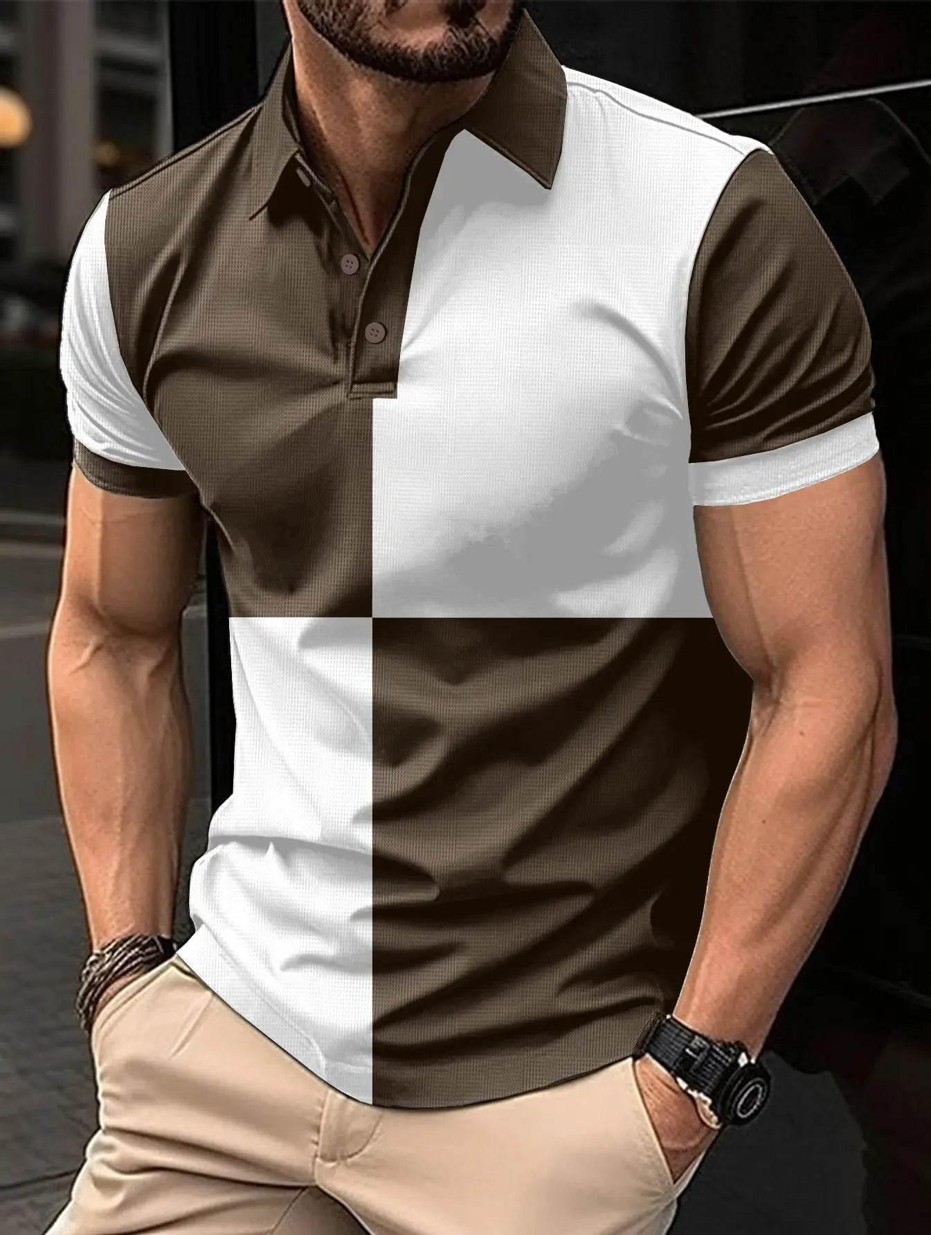Casual Sports Short Sleeve Color Stitching Turnover Neck Polo Shirt Men Clothing - Pre2brand