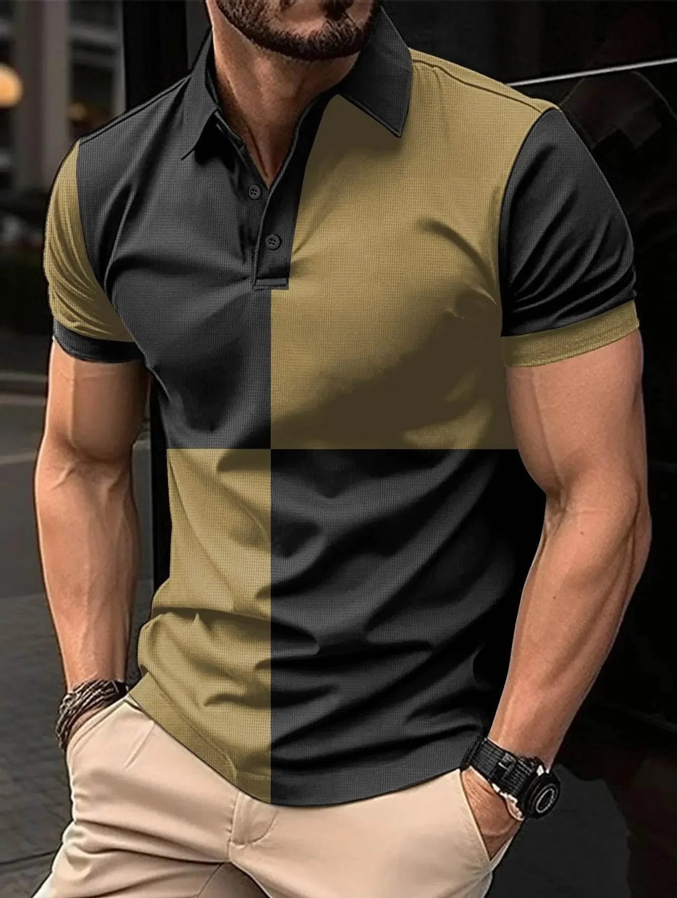 Casual Sports Short Sleeve Color Stitching Turnover Neck Polo Shirt Men Clothing - Pre2brand
