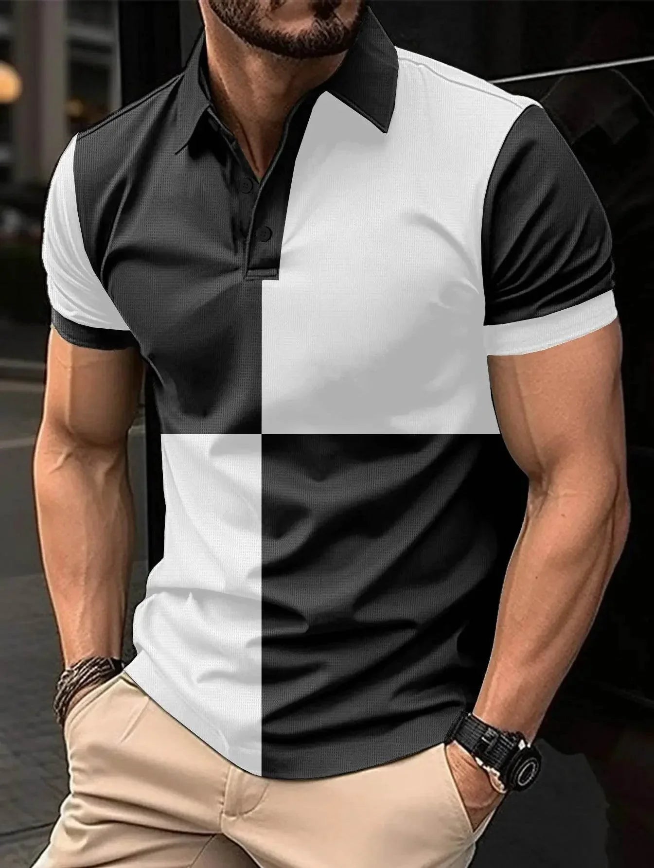 Casual Sports Short Sleeve Color Stitching Turnover Neck Polo Shirt Men Clothing - Pre2brand