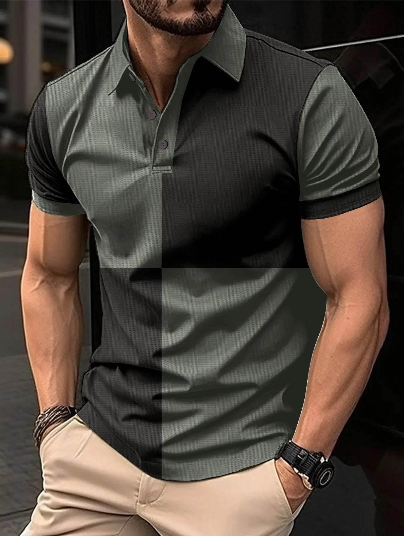Casual Sports Short Sleeve Color Stitching Turnover Neck Polo Shirt Men Clothing - Pre2brand