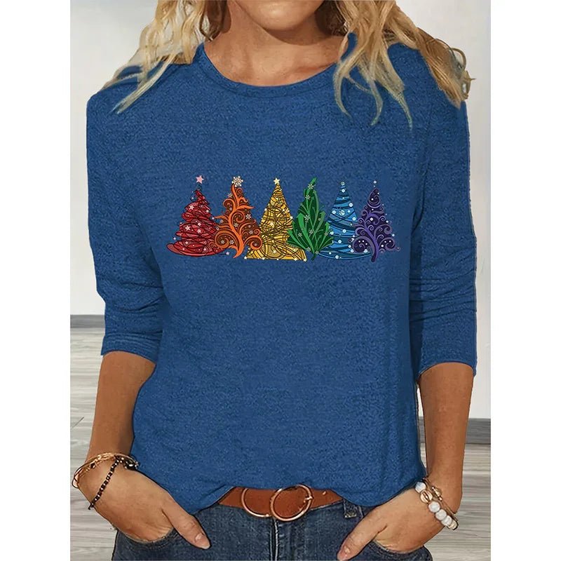 Christmas Shirts For Women, Cute Christmas Tree Graphic Long Sleeve T-Shirt, Funny Holiday Xmas Top For Party, Family Matching PJ Outfit - Pre2brand