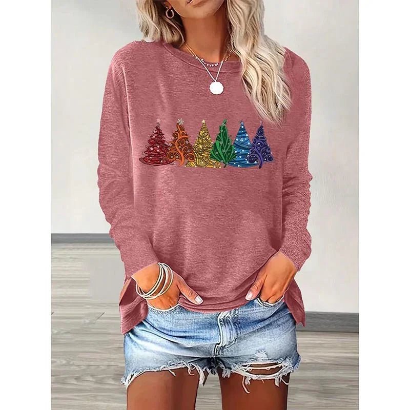 Christmas Shirts For Women, Cute Christmas Tree Graphic Long Sleeve T-Shirt, Funny Holiday Xmas Top For Party, Family Matching PJ Outfit - Pre2brand