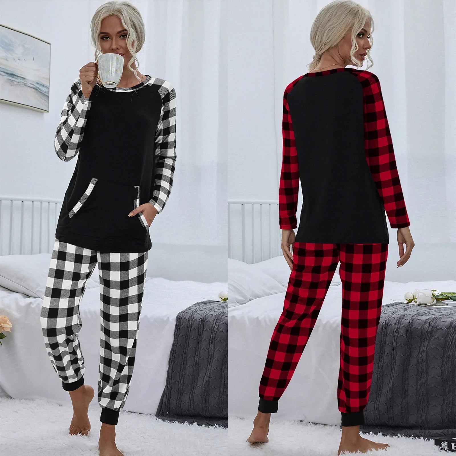 European And American Christmas Festival Women's Fashion Plaid Homewear Casual Loose Outfit - Pre2brand