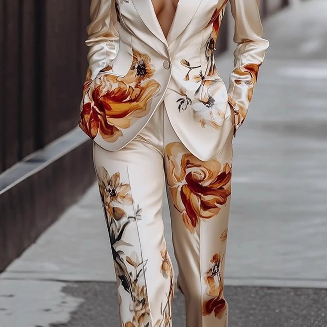 Fashion Printing Satin Long Sleeve Suit Two - piece Set - Pre2brand