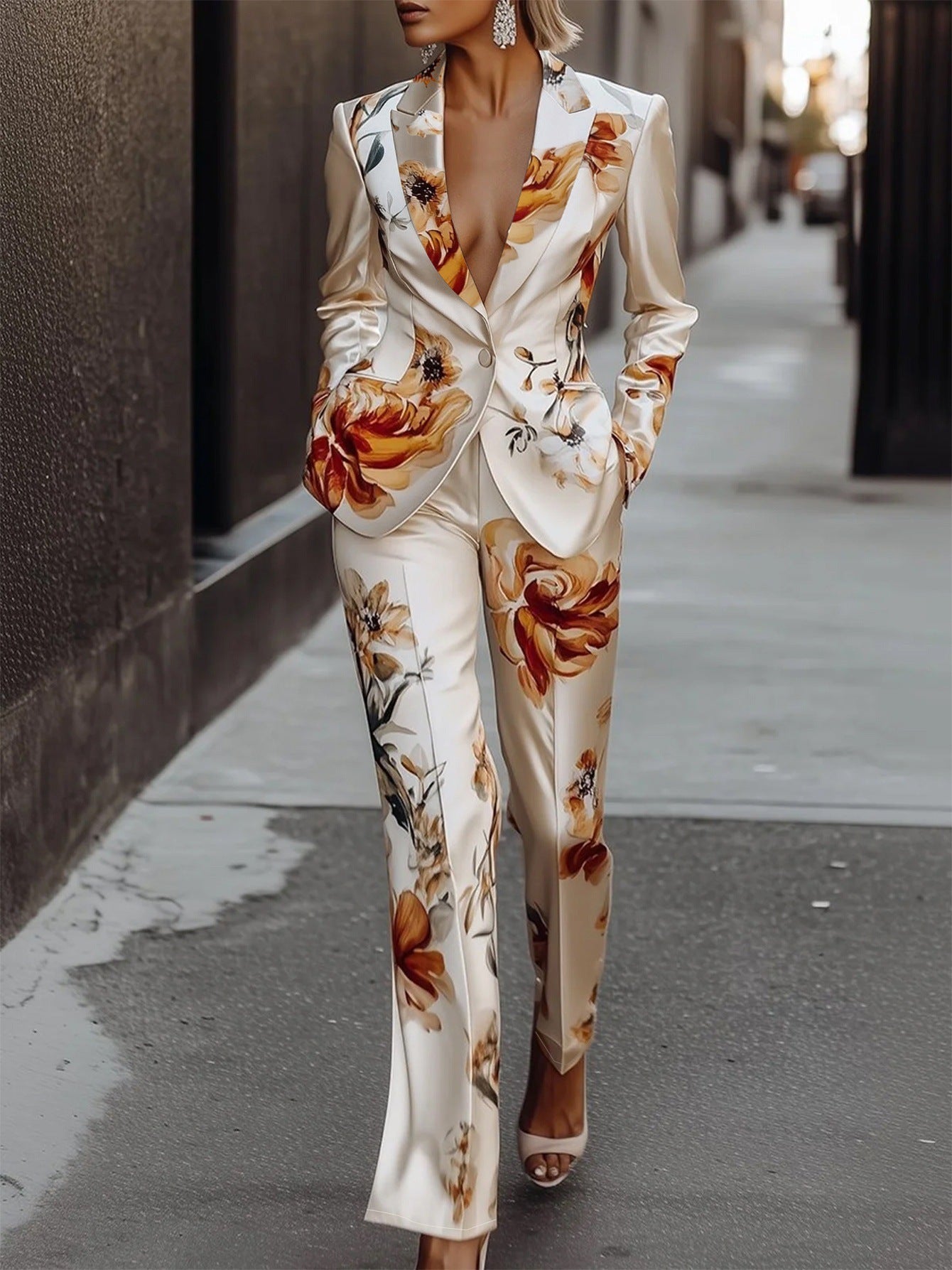 Fashion Printing Satin Long Sleeve Suit Two - piece Set - Pre2brand