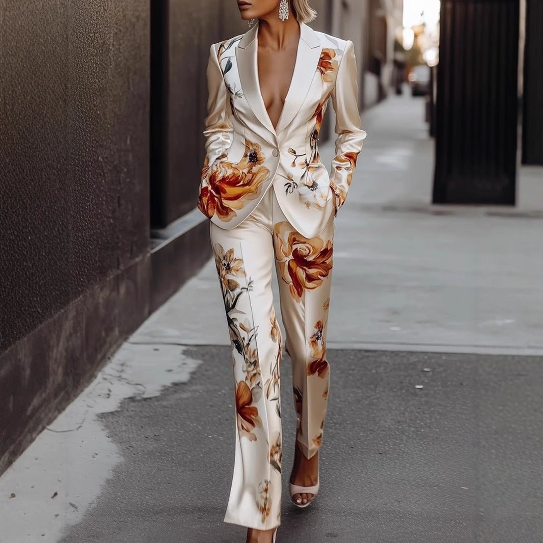 Fashion Printing Satin Long Sleeve Suit Two - piece Set - Pre2brand