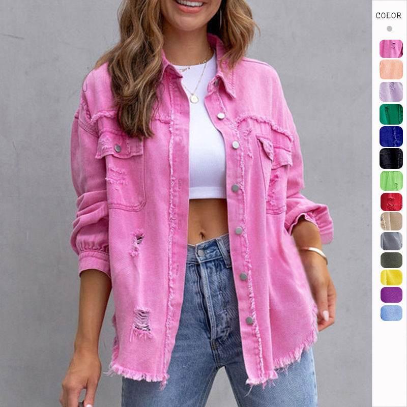Fashion Ripped Shirt Jacket Female Autumn And Spring Casual Tops Womens Clothing - Pre2brand