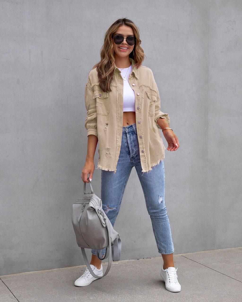 Fashion Ripped Shirt Jacket Female Autumn And Spring Casual Tops Womens Clothing - Pre2brand