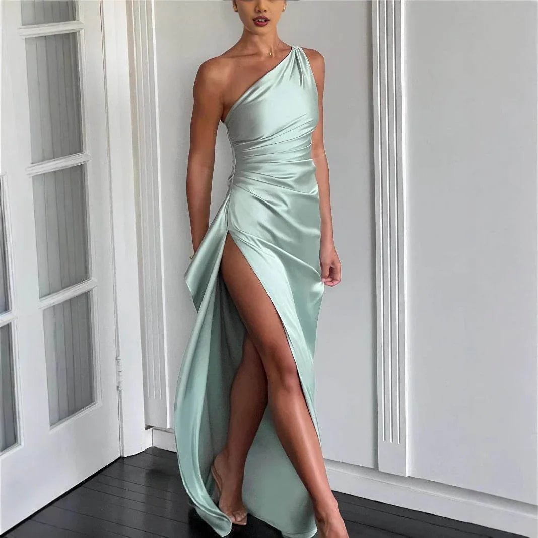 Graceful And Fashionable Slant Shoulder Split Satin Dress - Pre2brand