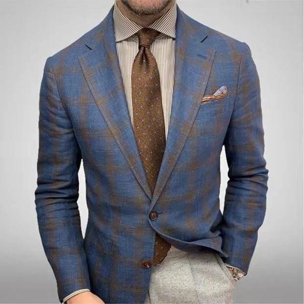 Men's Plaid Lapel Long Sleeve Suit Coat Men's Business Suit - Pre2brand