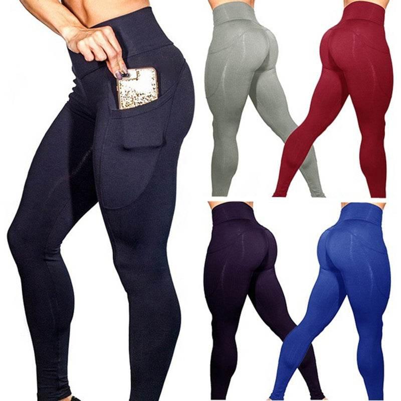 Mobile phone pocket leggings female solid color high elastic yoga hip high waist yoga pants - Pre2brand