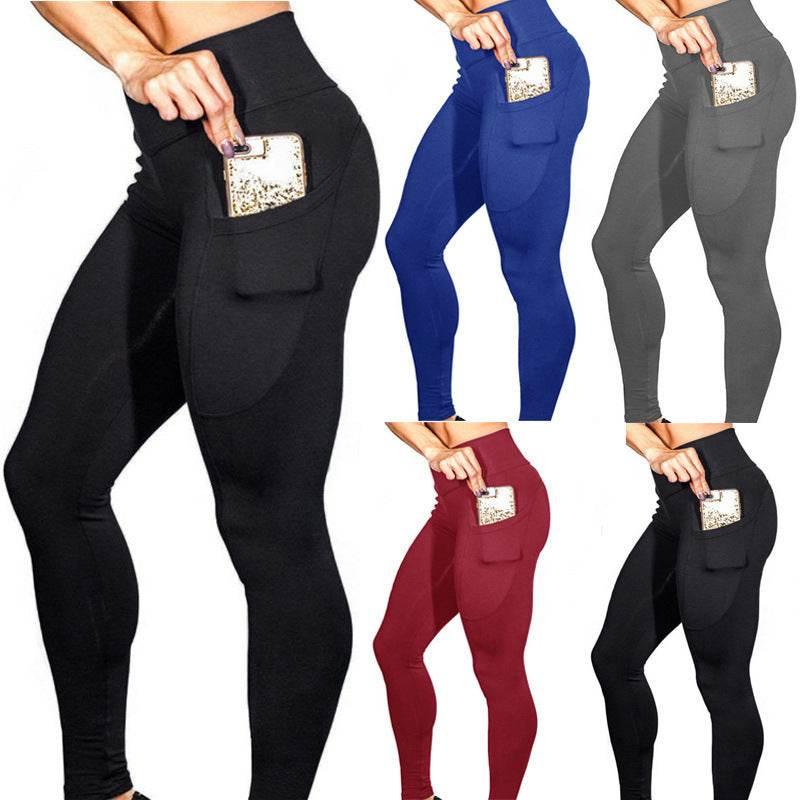 Mobile phone pocket leggings female solid color high elastic yoga hip high waist yoga pants - Pre2brand
