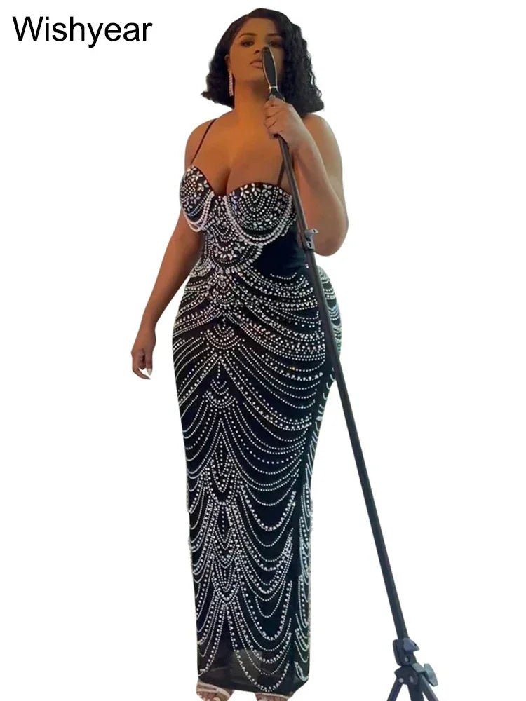 New Luxury Sparkly Crystal Rhinestone Pearl Celebrities Gown Brown Dress Woman Strap Evening Party Birthday Prom Wedding Vestido - Pre2brand