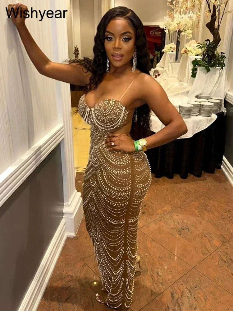 New Luxury Sparkly Crystal Rhinestone Pearl Celebrities Gown Brown Dress Woman Strap Evening Party Birthday Prom Wedding Vestido - Pre2brand