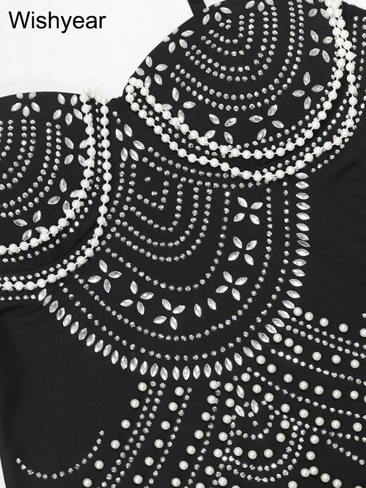 New Luxury Sparkly Crystal Rhinestone Pearl Celebrities Gown Brown Dress Woman Strap Evening Party Birthday Prom Wedding Vestido - Pre2brand