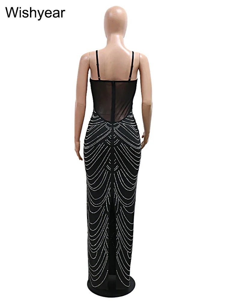 New Luxury Sparkly Crystal Rhinestone Pearl Celebrities Gown Brown Dress Woman Strap Evening Party Birthday Prom Wedding Vestido - Pre2brand