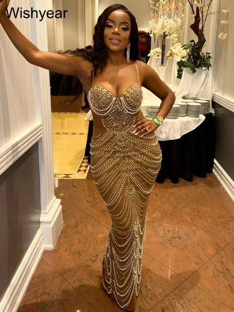 New Luxury Sparkly Crystal Rhinestone Pearl Celebrities Gown Brown Dress Woman Strap Evening Party Birthday Prom Wedding Vestido - Pre2brand