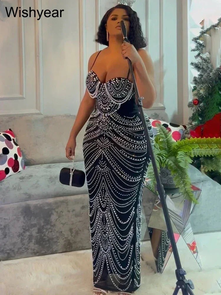 New Luxury Sparkly Crystal Rhinestone Pearl Celebrities Gown Brown Dress Woman Strap Evening Party Birthday Prom Wedding Vestido - Pre2brand