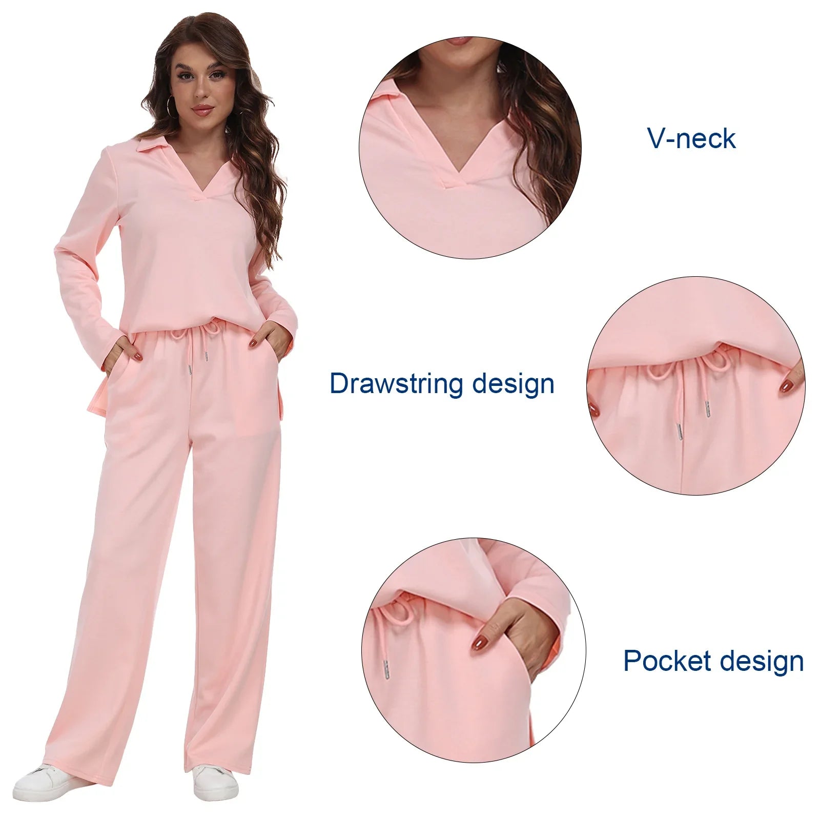 RONGTAI 2 Piece Outfits Sweatsuit For Women Casual Long Sleeve V Neck Pullover Tracksuit Solid Soft Comfy Tracksuits Set - Pre2brand