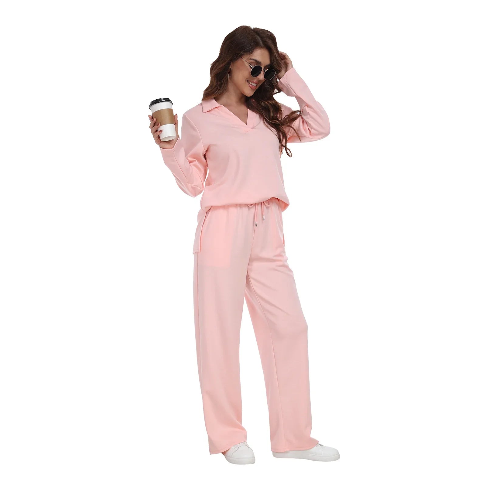 RONGTAI 2 Piece Outfits Sweatsuit For Women Casual Long Sleeve V Neck Pullover Tracksuit Solid Soft Comfy Tracksuits Set - Pre2brand