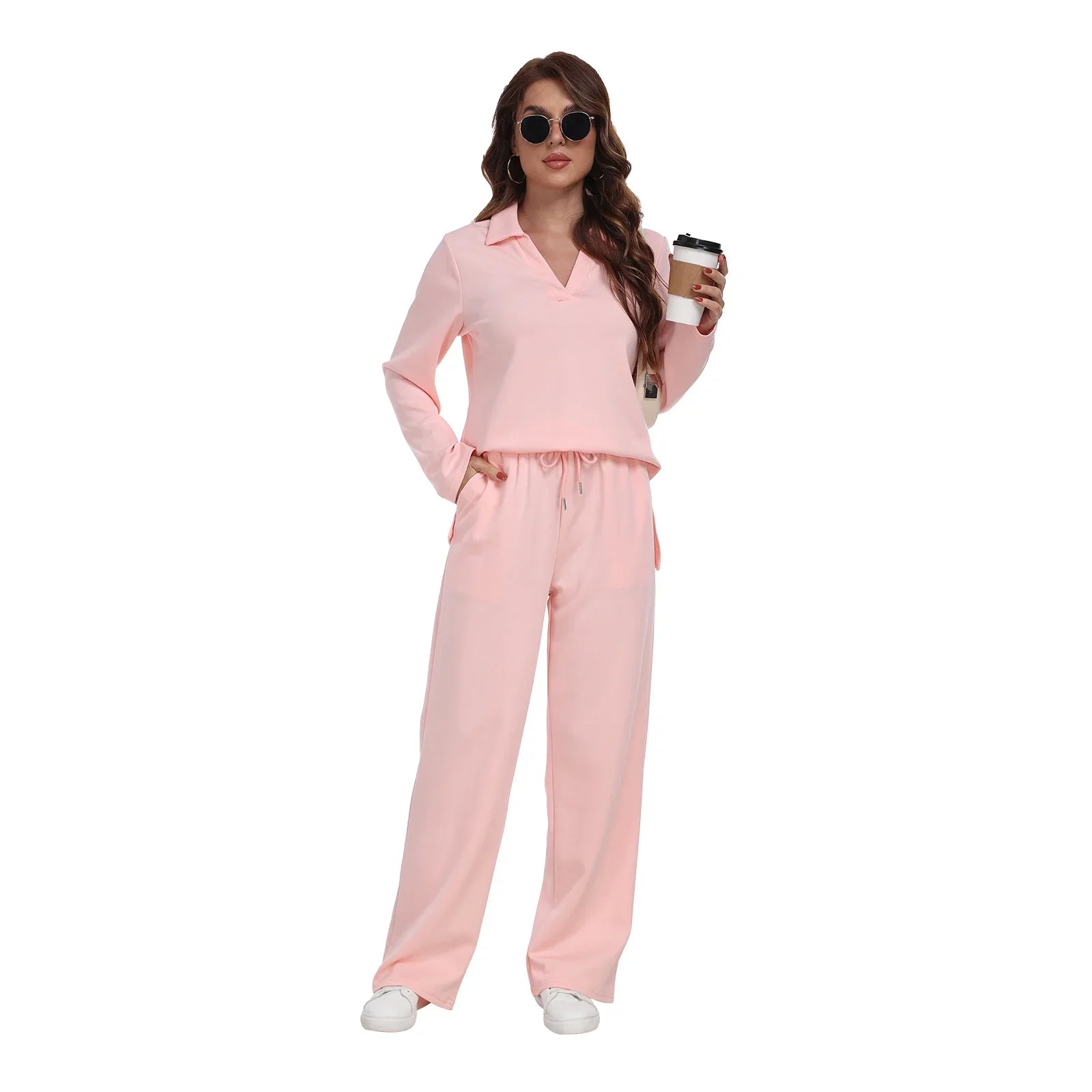 RONGTAI 2 Piece Outfits Sweatsuit For Women Casual Long Sleeve V Neck Pullover Tracksuit Solid Soft Comfy Tracksuits Set - Pre2brand