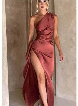 Sexy One - shoulder Backless Slit Dress Summer Elegant Slim - fit Solid Color Satin Dresses For Women - Pre2brand
