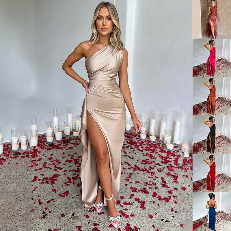 Sexy One - shoulder Backless Slit Dress Summer Elegant Slim - fit Solid Color Satin Dresses For Women - Pre2brand