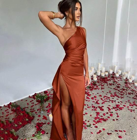 Sexy One - shoulder Backless Slit Dress Summer Elegant Slim - fit Solid Color Satin Dresses For Women - Pre2brand