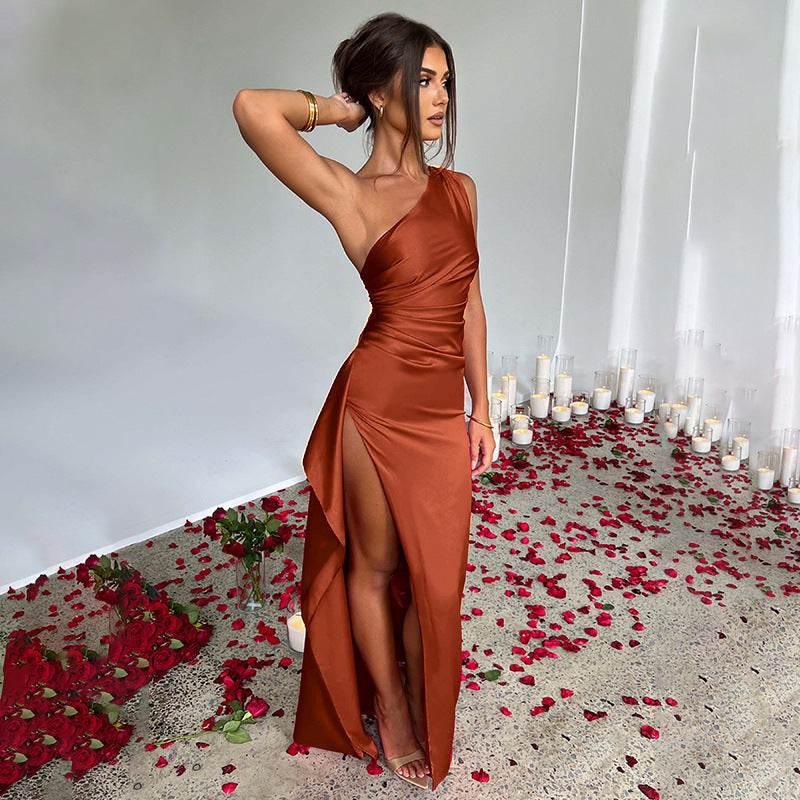 Sexy One - shoulder Backless Slit Dress Summer Elegant Slim - fit Solid Color Satin Dresses For Women - Pre2brand