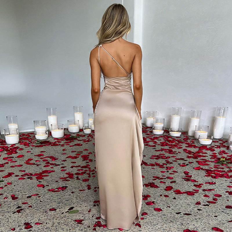 Sexy One - shoulder Backless Slit Dress Summer Elegant Slim - fit Solid Color Satin Dresses For Women - Pre2brand