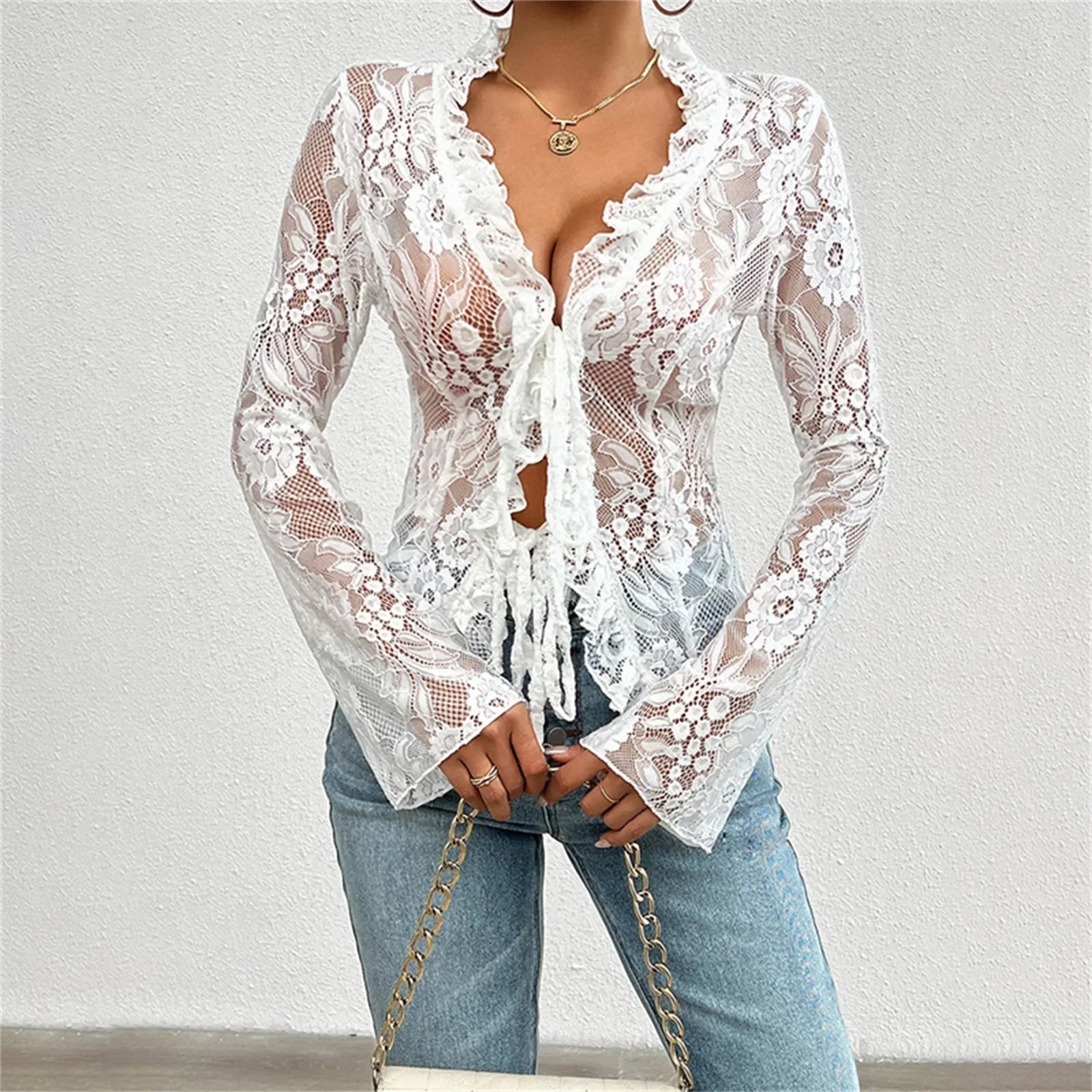 Sexy Women Mesh Lace T-Shirts Long Sleeve Tops Transparent Casual Sheer Basic Tie Front Shirt Blouses for Club Aesthetic Clothes - Pre2brand