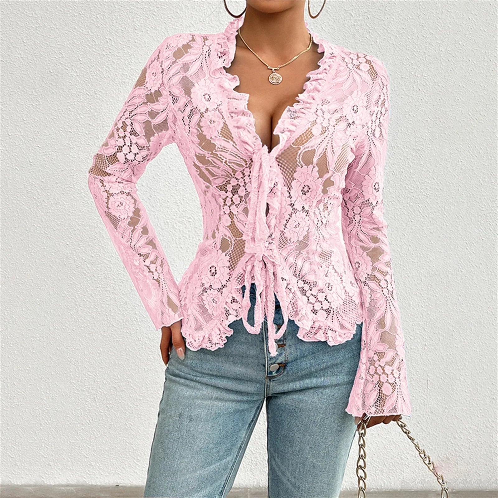Sexy Women Mesh Lace T-Shirts Long Sleeve Tops Transparent Casual Sheer Basic Tie Front Shirt Blouses for Club Aesthetic Clothes - Pre2brand